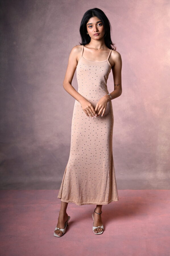 Nude Embellished Spaghetti Strap Maxi Slip Dress