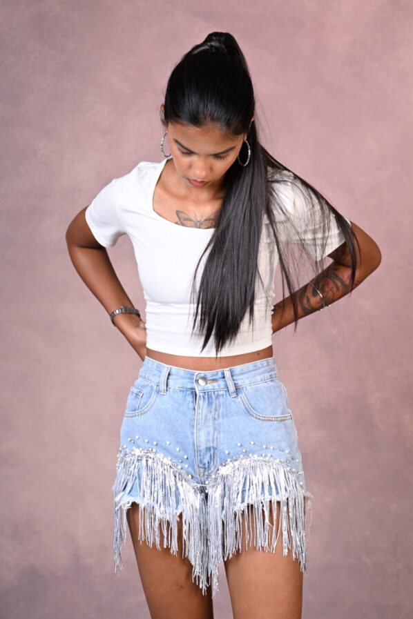 Fringe-Embellished Denim Mini Skirt